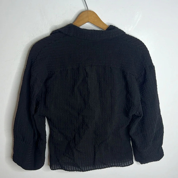 ZARA Knotted V Neck Collard Button Front Wide Sleeve Draped Textured Blouse - Picture 5 of 12